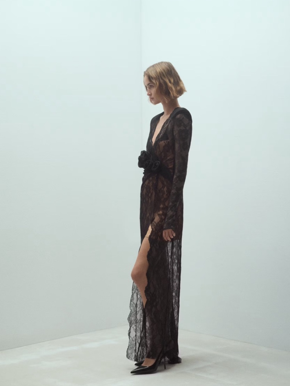 Mango Black Sheer Lace Long-Sleeve Maxi Dress - Picture 2 of 4